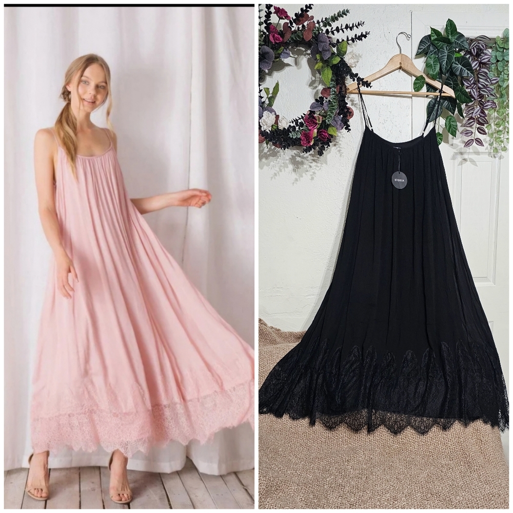 STORIA   Chic Black Maxi Dress with Lace Hem SIZE S